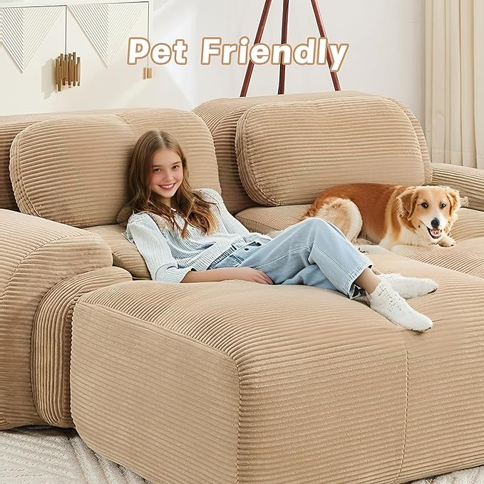 SoarFlash 117" Modern L-Shaped Modular Sectional Sofa for Living Room, Corduroy Upholstery Oversized 3-Seater Couch with Deep Seat and Movable Ottoman-No Assembly, Camel