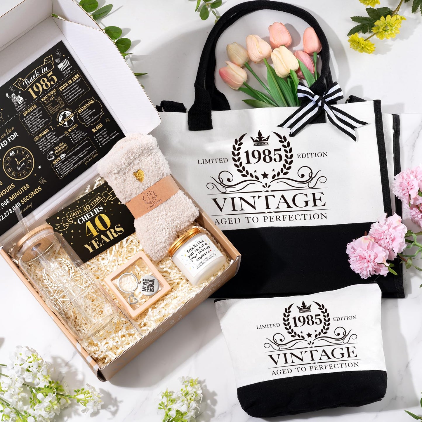 iAOVUEBY 40th Birthday Gifts for Women Her, Cool Gifts for 40 Year Old Woman, Forty Canvas Birthday Tote Bag Glass Cup Candle Gift Basket 40th Ideas Daughter Mom Sister Friend Wife Coworkers