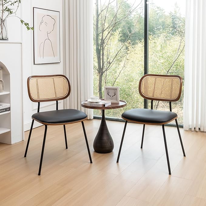 HOCEWI Rattan Dining Chairs Set of 4, Mid Century Modern Dining Chairs with Cane Back for Kitchen Dining Room, 19 Inch Faux Leather Black