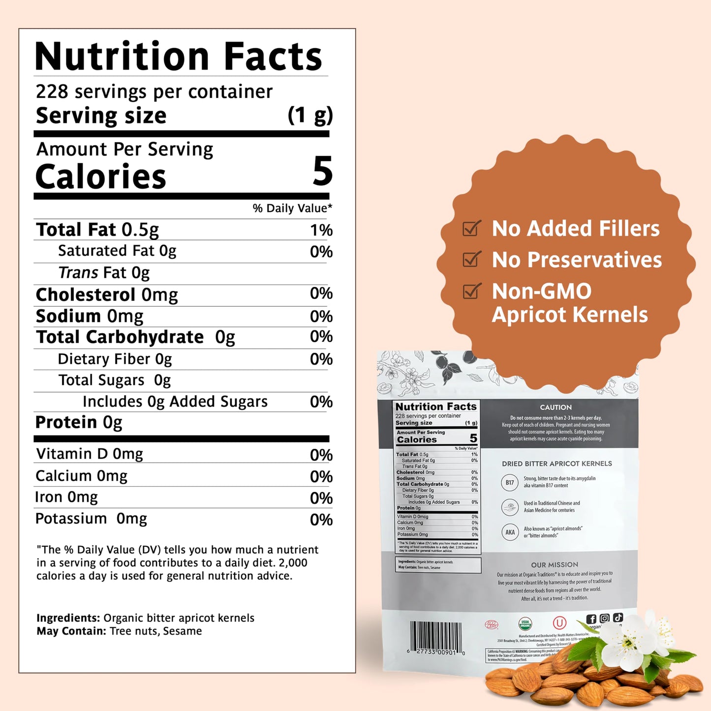 Organic Traditions Apricot Kernels – Sundried - Natural Source of Vitamin B17 - Sweet & Bitter Raw Apricot Seeds - 8oz