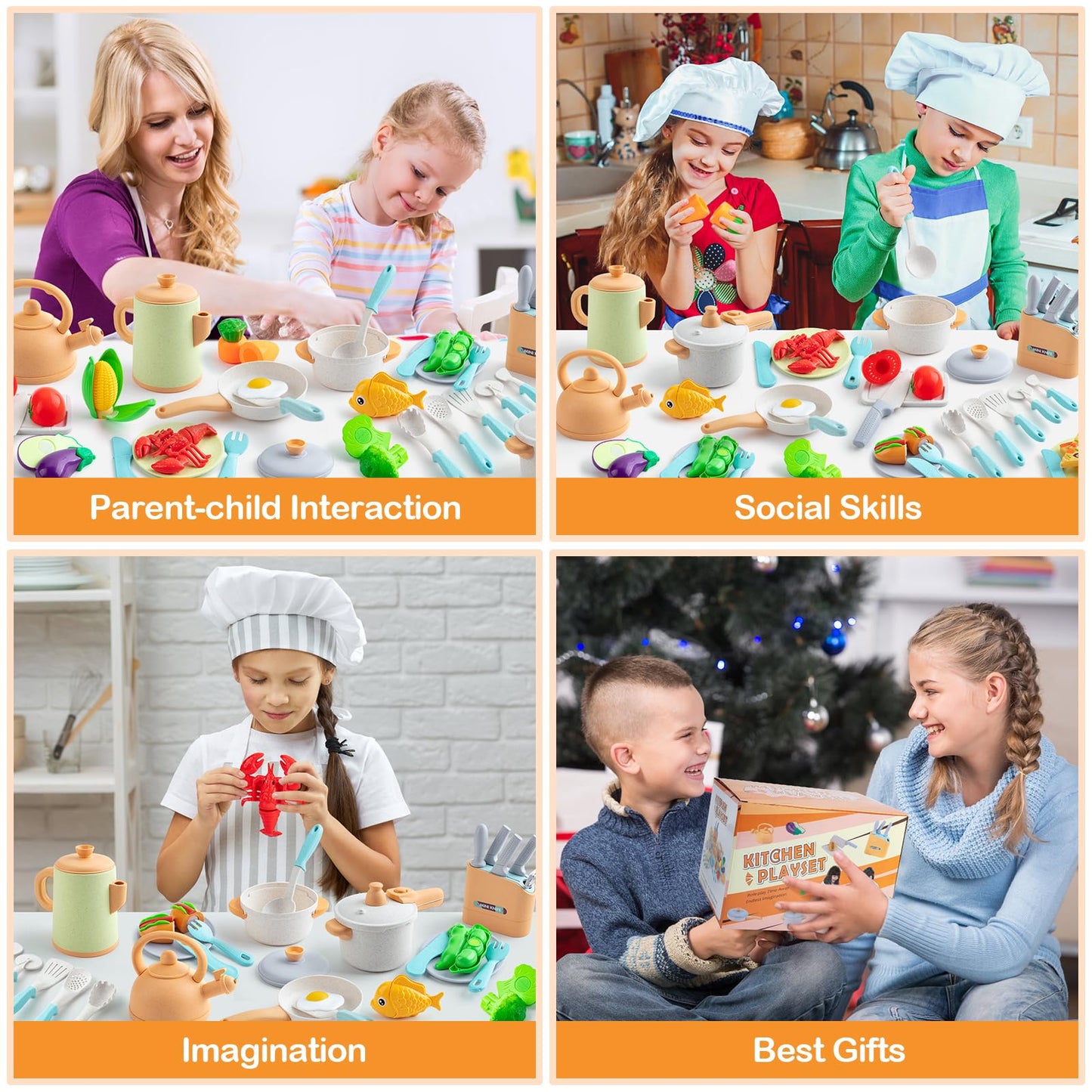 Kids Play Kitchen Accessorie, 42Pcs Toddlers Pretend Toy Kitchen Playset Cooking Sets with Pressure Pots and Pans, Cookware, Utensils, Cutting Play Food Preschool Education Toys Gift for Girls Boys