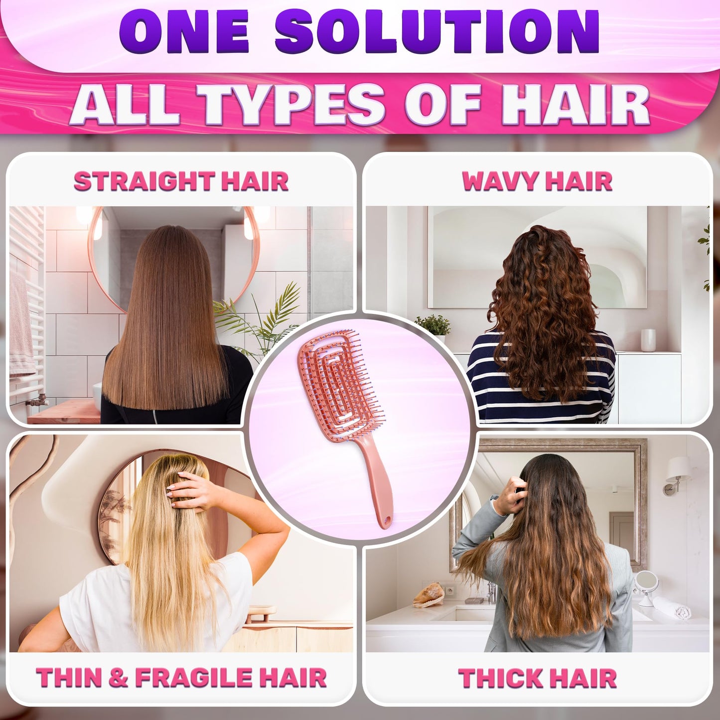 Pink Hair Detangler Brush - Curved Vented Brush for Thick Hair, Lightweight and Ergonomic, Convenient Size, Suitable for All Cur