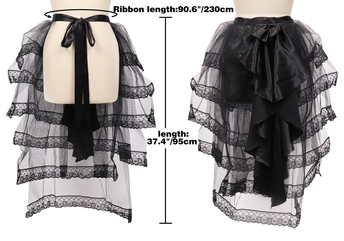 FURPHI Gothic Steampunk Tulle Bustle Skirt Victorian Tie-on Lace Tutu with Big Black Bow for Halloween(Medium)
