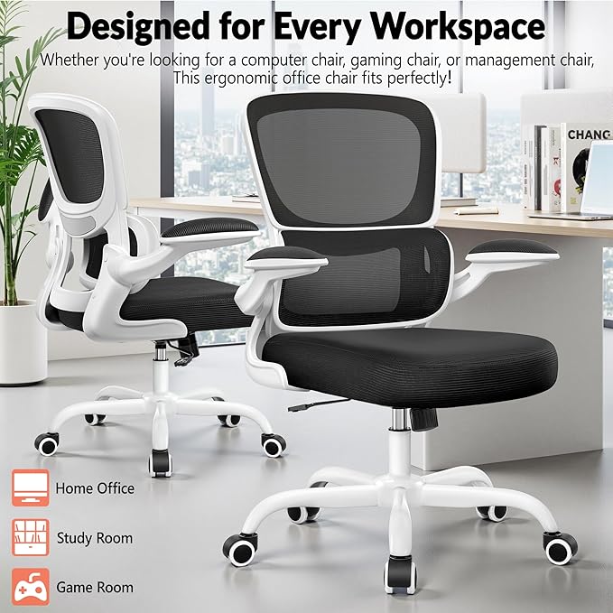 BESTFAIR Office Chair Ergonomic Desk Chair, Breathable Mesh Comfy Chair with Lumbar Support, Computer Chair, Home Desk Chair with Flip-up Armrests, Gaming Chair for Adults Home Office (White)