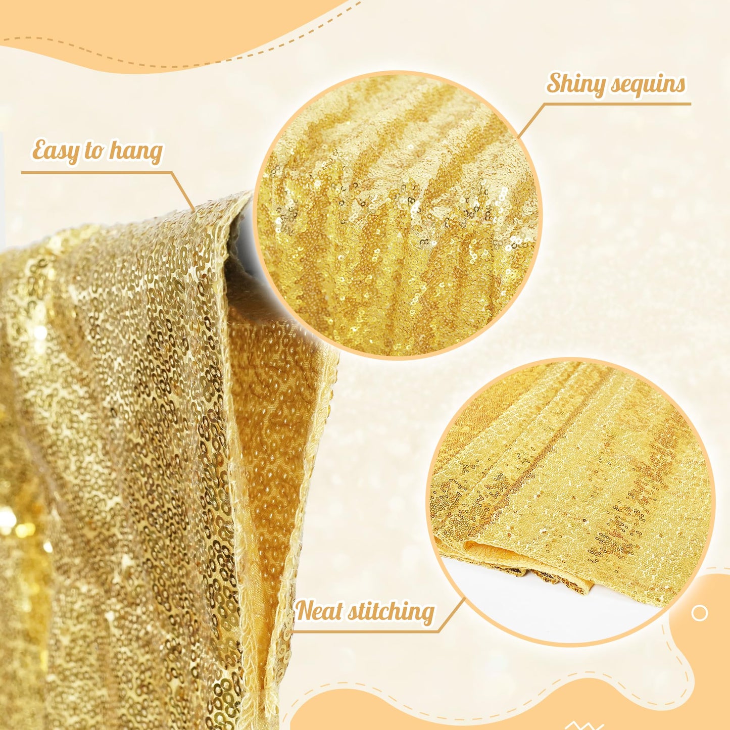 PartyDelight Gold 2FT X 8FT Sparkly Sequin Backdrop Curtains 2 Panels for Wedding Party Room Decorations Events