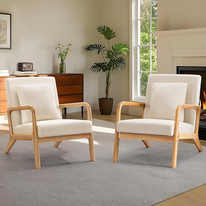 ELUCHANG Mid-Century Modern Accent Chair with Lumbar Pillow,Upholstered Armchair,Linen Fabric Comfy Reading Chair, Lounge Side Chair for Living Room Bedroom Apartment,Easy Assembly