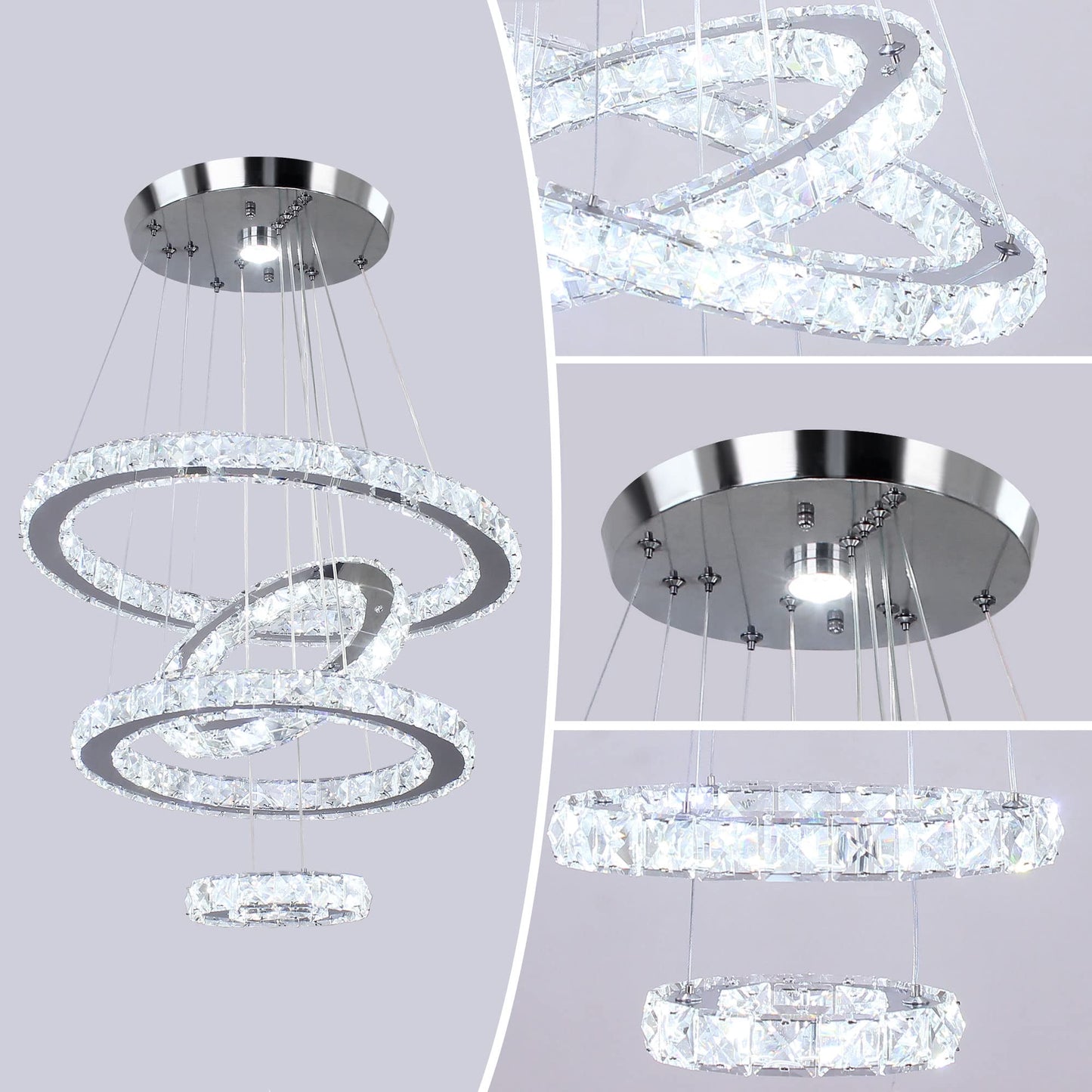 diisunbihuo Crystal Chandeliers Modern LED Rings Pendant Light Adjustable Stainless Steel Ceiling Light Fixture for Living Room Dining Room Bedroom (Cool White)