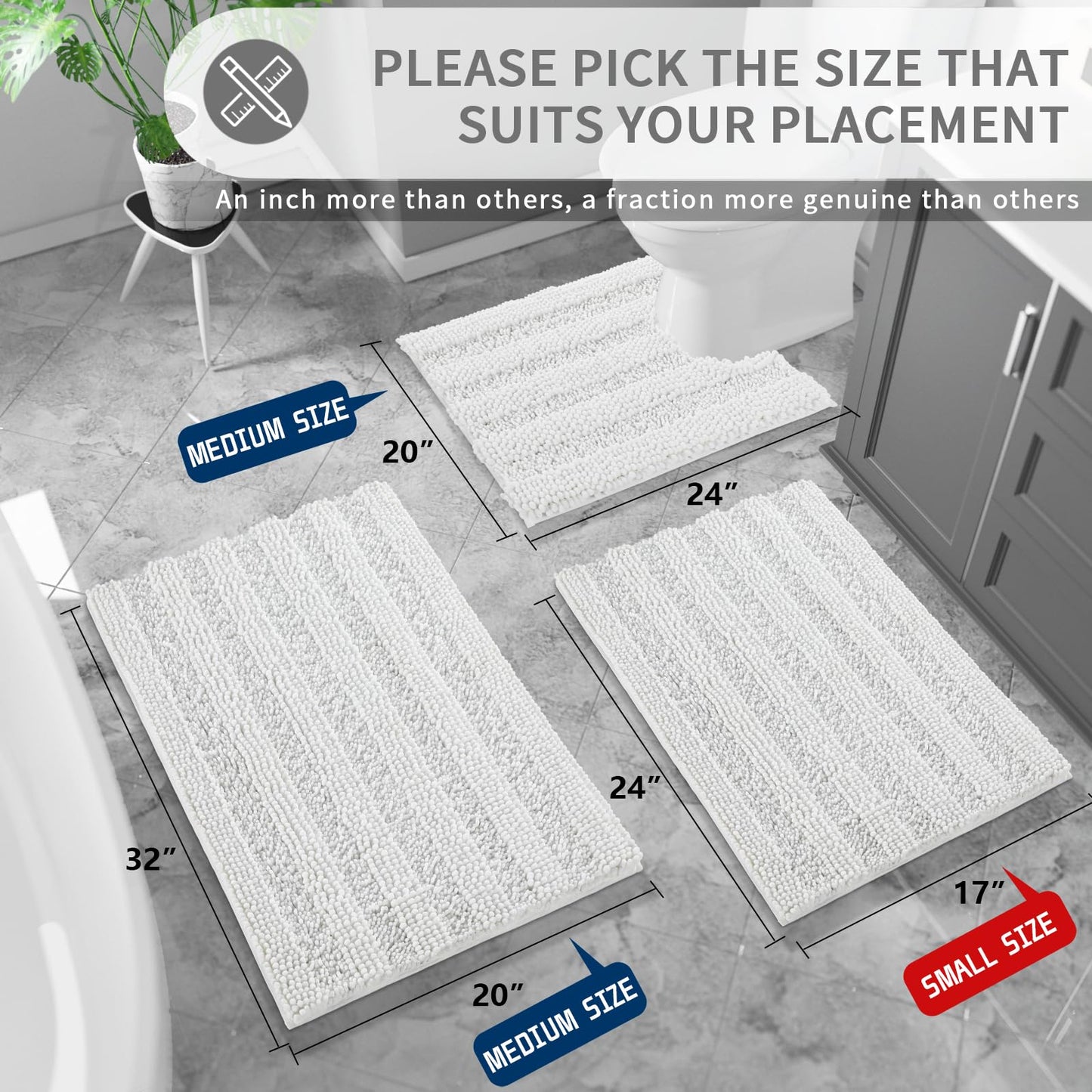 Yimobra Bathroom Rug Mat 24 x 17, Non Slip and Super Absorbent Bath Mat,Machine Washable Quick Dry,Ultra Plush Chenille Shower Rugs for Bathroom Floor Sink Tub and Shower Outside,White