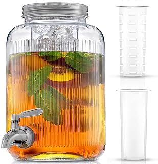 Fluted 1-Gallon Drink Dispenser. Glass Beverage Dispenser with Stainless steel Spigot plus Ice Cylinder and Fruit Infuser!...