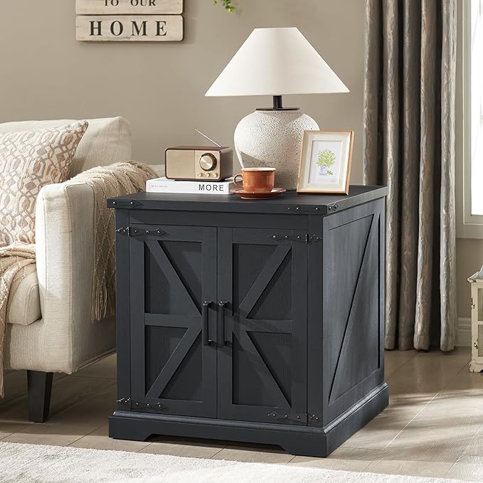 Barnyatoh Farmhouse End Table with Charging Station,24" Large Side Table with Barn Door, Rustic Wood Square Nightstand Bedside Table with Adjustable Storage Shelf for Living Room, Bedroom,Black 2-Pack