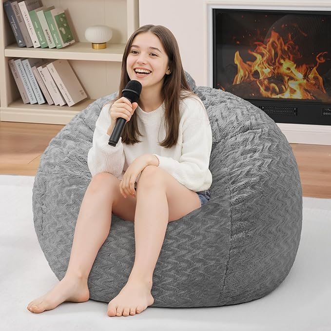 2FT Bean Bag Chair,Giant Bean Bag Chairs for Adults,Big Bean Bags with Memory Foam Filled, Large Beanbag Chairs with Chevron Plush Cover-Grey