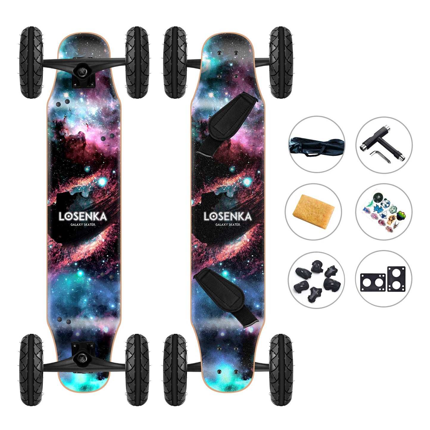 Losenka No-Electric MountainBoard, All Terrain Cross Country Skateboard Mountain Board for Adults Teens, Including Tool, Skateboard Bag, Eraser, Protective Gear, Foot Strap.