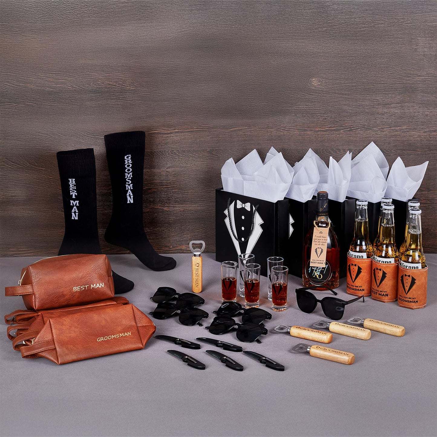 20Pcs Groomsmen Gifts Groomsmen Proposal Box with Shot Glasses Socks Sunglasses PU Leather Toiletry Bag Bottle Opener Can Cooler Groomsman Gifts for Wedding Groomsmen Best Man Gift (20, Brown)