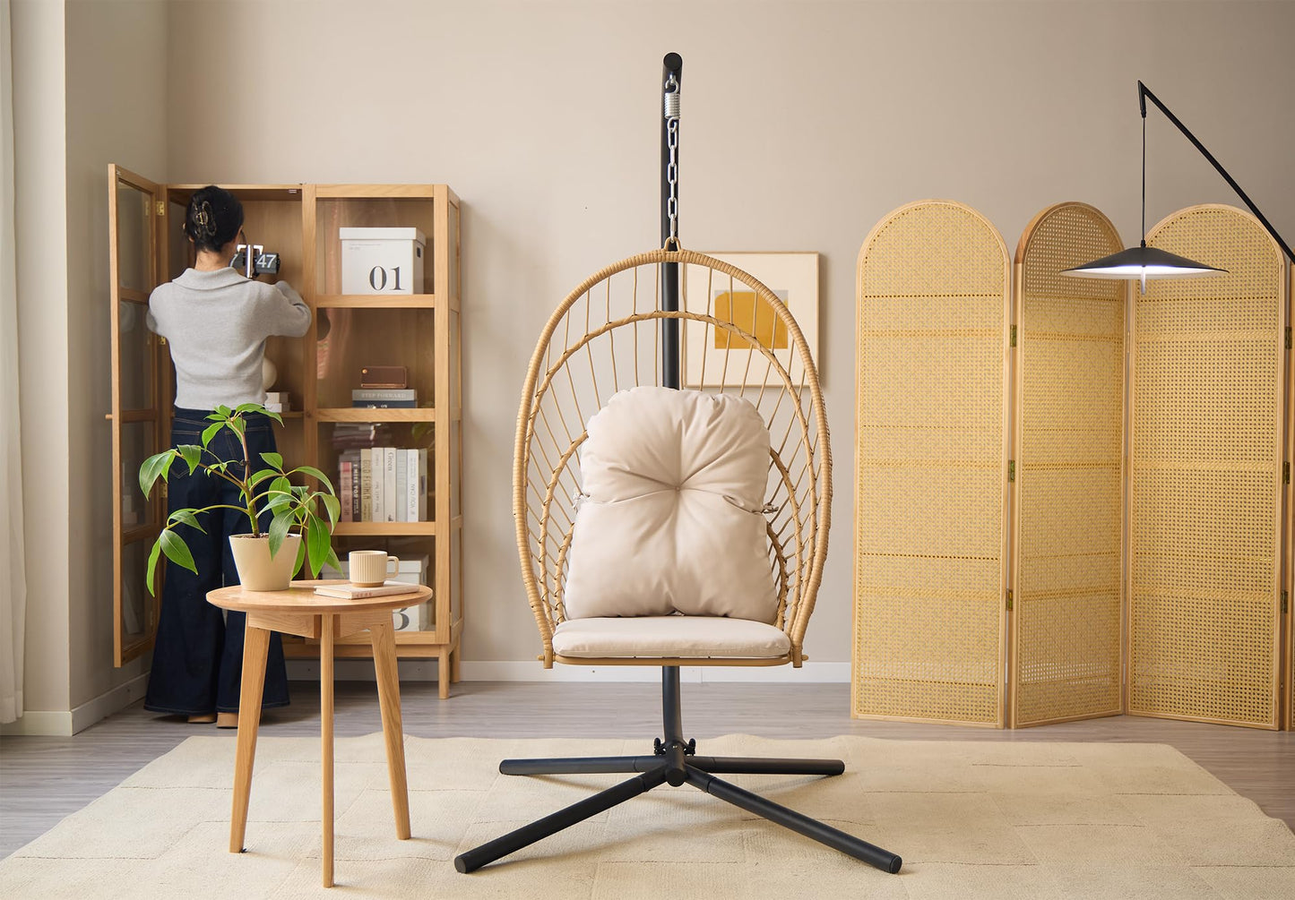 Topfuca Indoor/Outdoor Egg Hanging Chair with Stand - Patio Wicker Swing Hammock Chair. 350lbs Capacity, Cushioned. Ideal for Bedroom, Balcony, Porch, Garden. Versatile Swing Chair for All Spaces