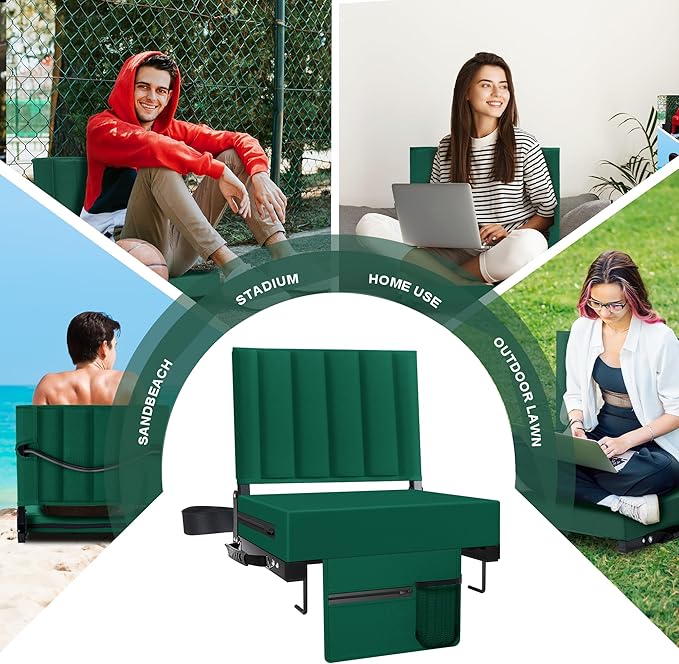 Aliphon Stadium Seat for Bleachers with Back Support and Cushion, Bleacher Seats with Shoulder Strap and Cup Holder, Padded Portable Folding Comfort Stadium Chair, for Sports Events,Green (1pcs)