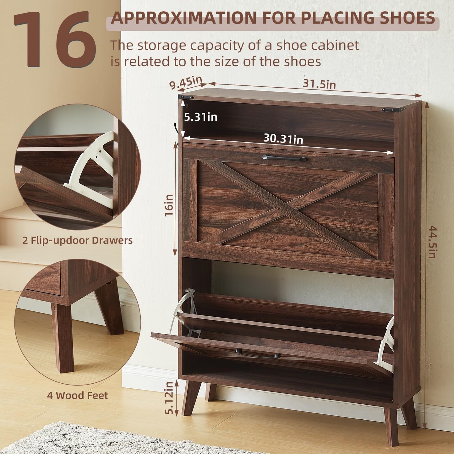 Joaxswe Shoe Storage Cabinet for Entryway with 2 Flip Drawers, Farmhouse Shoes Organizer with Wood Legs, Narrow Hidden Shoe Rack with Open Storage Shelf, Slim Shoe Closet for Hallway, Brown Walnut
