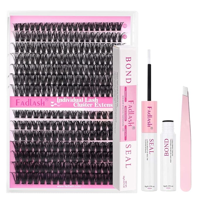 FADLASH Eyelash Extension Kit Lash Clusters D Curl Mix Tray Thin Band DIY Lash Extension Kit with Lash Bond and Seal Lash Tweezers Eyelash Applicator Tool Individual Lashes(60D+80D Kit,07D-10-18mm)