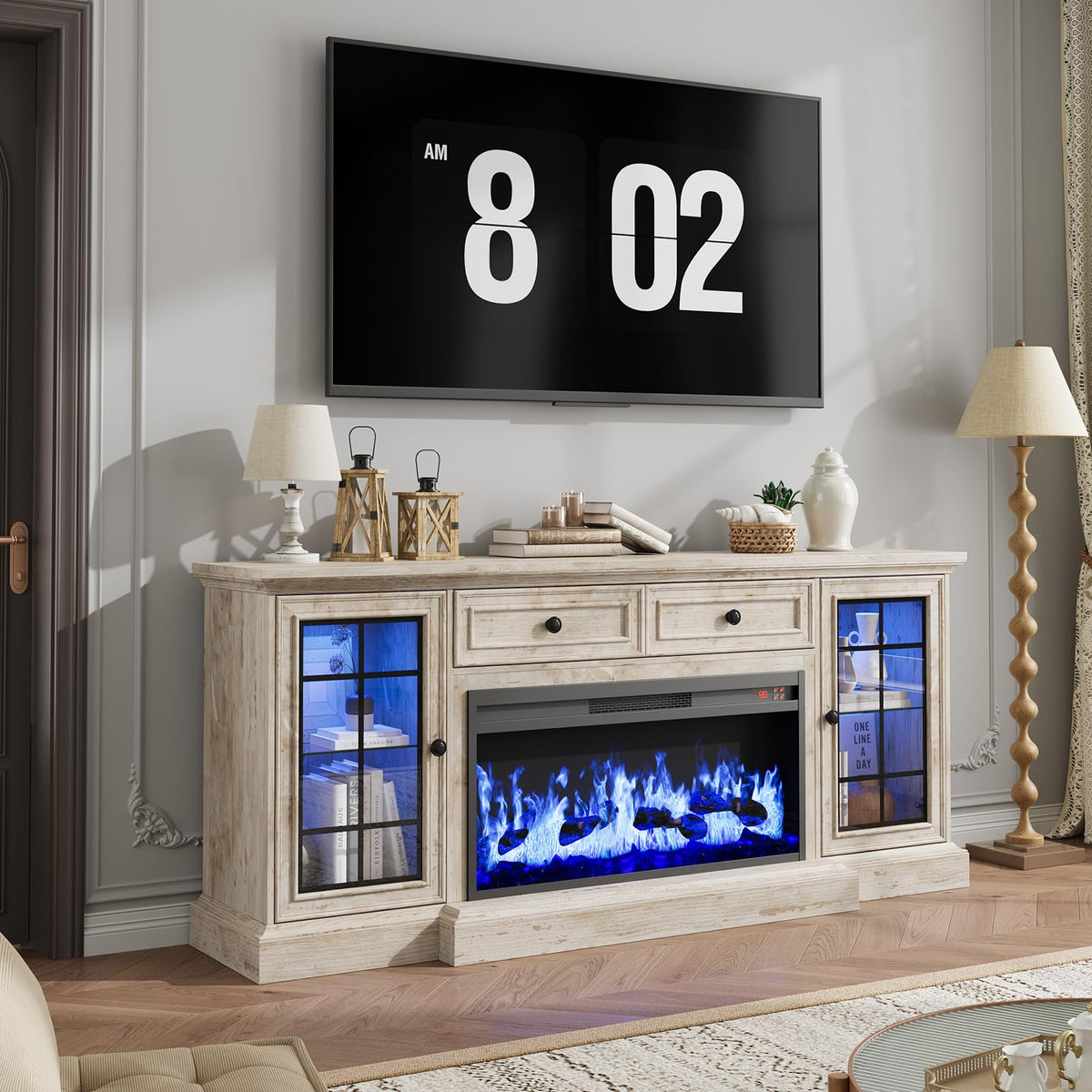Fireplace TV Stand Up to 80" TVs, 70'' Modern Entertainment Center with 36" Electric Fireplace & LED Lights, Farmhouse Media Console with Storage Cabinet & Drawer for Living Room, Antique Brush Grey