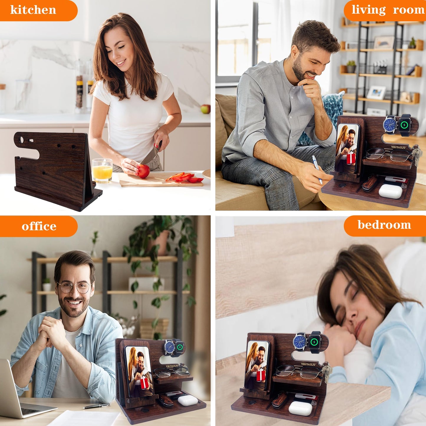 VEIYAILU Gifts for Men Women Brother Boss Boyfriend Him Nightstand Organizer Gifts for Dad from Daughter Son Wood Phone Docking Station (Dark Brown)