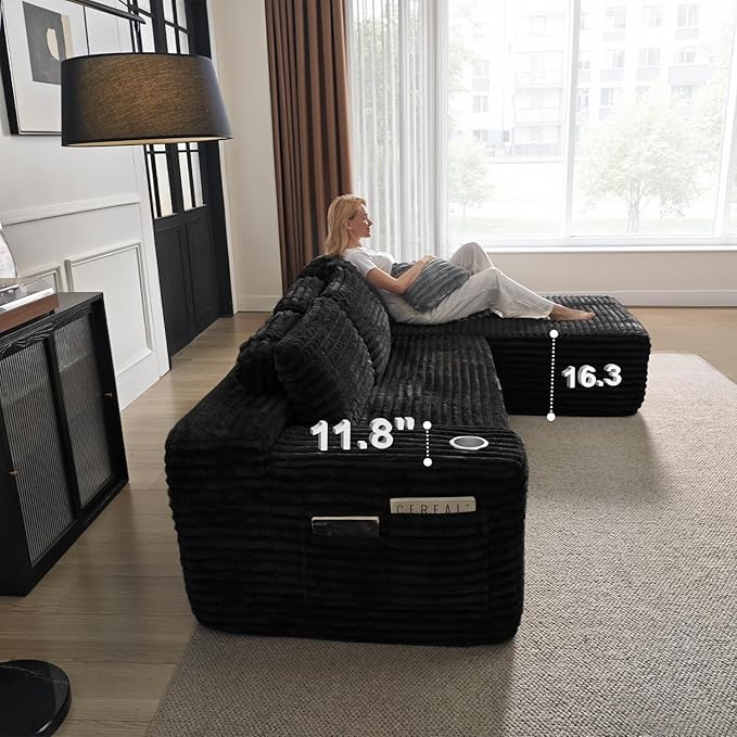Cloud Sectional Couch with L-Shape Chaise, Modern Modular Sofa with Deep Seat, Built-in Cup Holder & Storage Pocket for Living Room Bedroom, No Assembly Required (Black, Left Sitting Chaise)