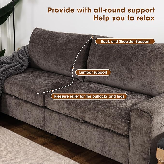Couchus 88" Upholstered Sofa Couch with Seats Storage, Chenille Fabric Couch for Living Room, Office, Apart W/Deep Seat, Wide Arms, Side Pockets,Removable Cover (Dark Grey)