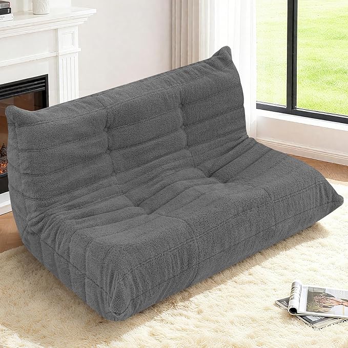 HABUTWAY Bean Bag Chairs Fireside Lazy Floor Sofa, Soft Teddy Fleece 2 Seater Sofa with High-Resilience Foam Filling,Beanbag for Living Room, Bedroom, Office (Dark Grey Teddy)