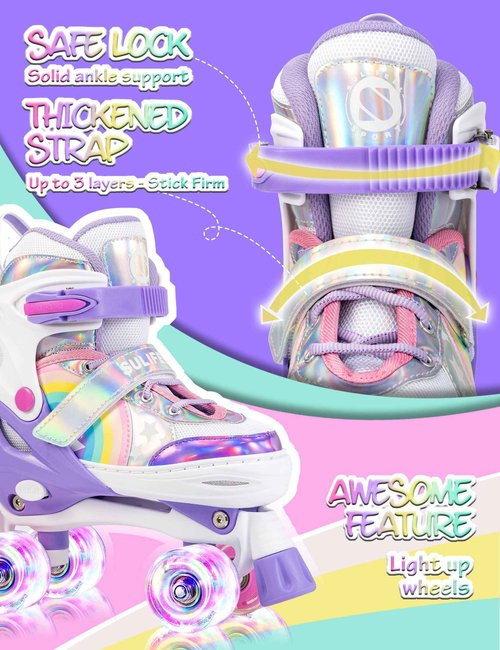 SULIFEEL Rainbow Unicorn Roller Skates for Kids with Adjustable Protective Gear Set Purple Small