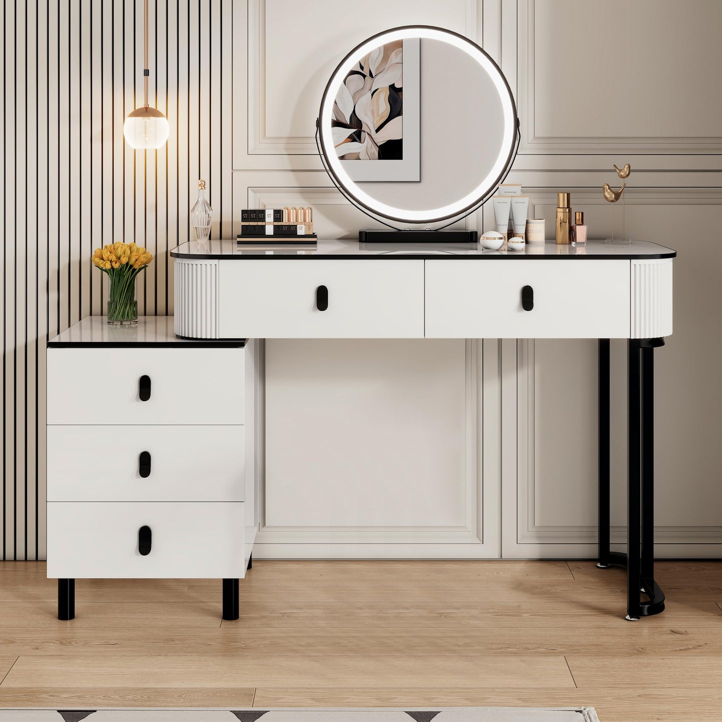 KDCAS Modern Vanity Desk with Mirror and Led Lights, Small Retractable Makeup Combo with Adjustable Cabinet, Dressing Table Set with 5 Drawers Storage for Bedroom, White