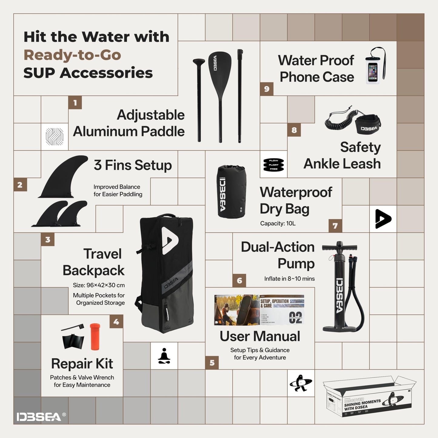 D3SEA 11 ft Inflatable Paddle Board with SUP Accessories, Extra Long Non Slip EVA Deck with Yoga Alignment Lines, Extra Wide Yoga SUP for Adults (Timber Noir, 11' × 35" × 6")