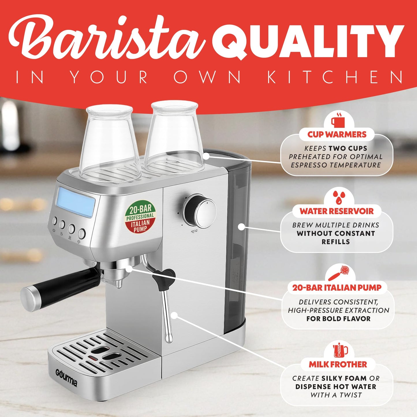 Gourmia Slim Espresso Machine – 20-Bar Pump, LCD Display, Milk Frother, Adjustable Temperature, Manual & Auto Brew for Single/Double Shots, 1350W, Stainless Steel