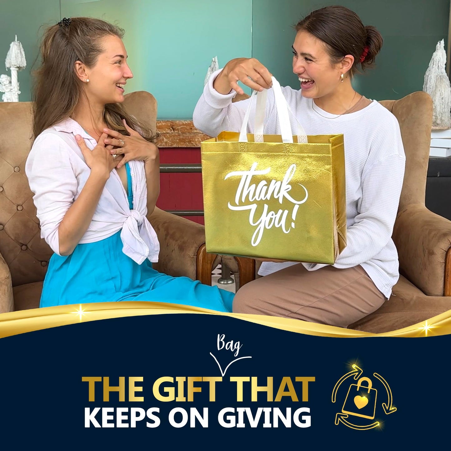 Nush Nush Gold Thank You Gift Bags Large Size – Set of 12 Stylish Gold Thank You Bags With Handles in Bulk - Appreciation Party Favor Bags For Small Business, Gifting Events, Christmas - 13Wx5Dx11H