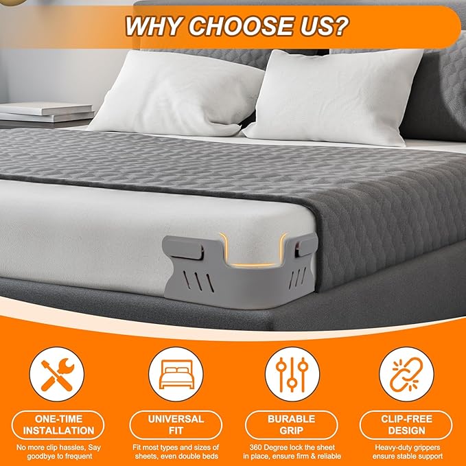 Bed Sheet Holders for Corners, Heavy Duty Fitted Sheet Holder with Lock Fastener Straps &Anti-Slip Pads Keep Sheets Firm&Tight, No More Loose Sheets, Easy Installation for Any Mattress Sizes(Set of 4)