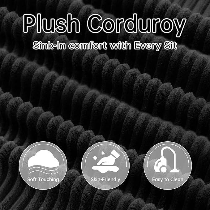 108 '' W Boneless Couch with L-Shape Chaise,No Assembly Required, Upholstery Corduroy Cloud Couch with Deep Seats and 5 Pillows Back, Free Combination (Black)
