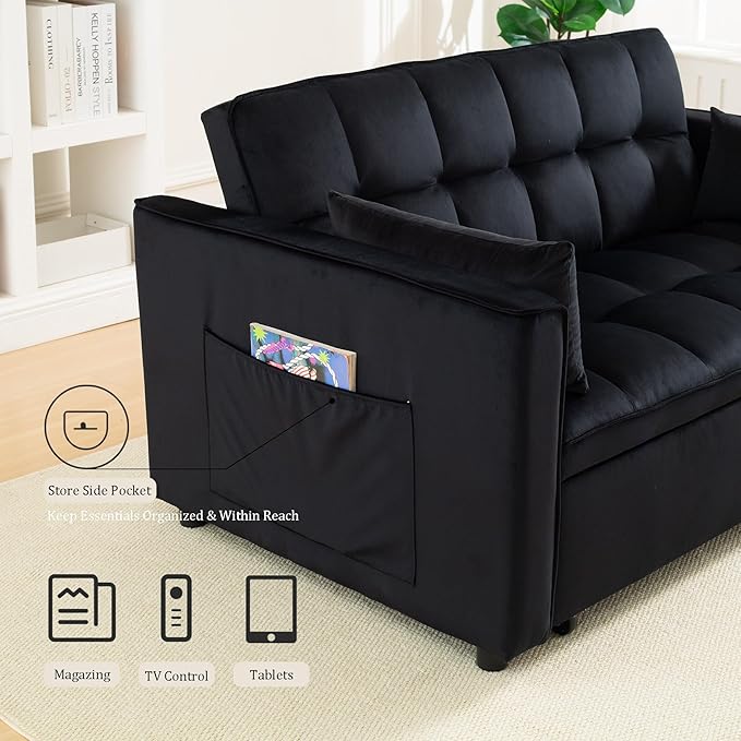 OjvZxqtbrnl Convertible Sofa Bed,3 in 1 Pull Out Couch Adjustable Backrest, Modern Velvet Upholstery Sleeper Sofa Bed, Loveseat Couch for Living Room, Bedroom & Apartments (Black)