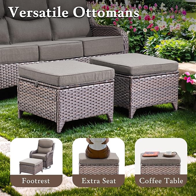moosprr Luxury High Back Outdoor Furniture with 6-inch Extra Thick Cushions, Patio Furniture Set with Swivel Chairs, 7 PCS Wicker Conversation Set for Yard, Deck, Poolside, Brown/Grey