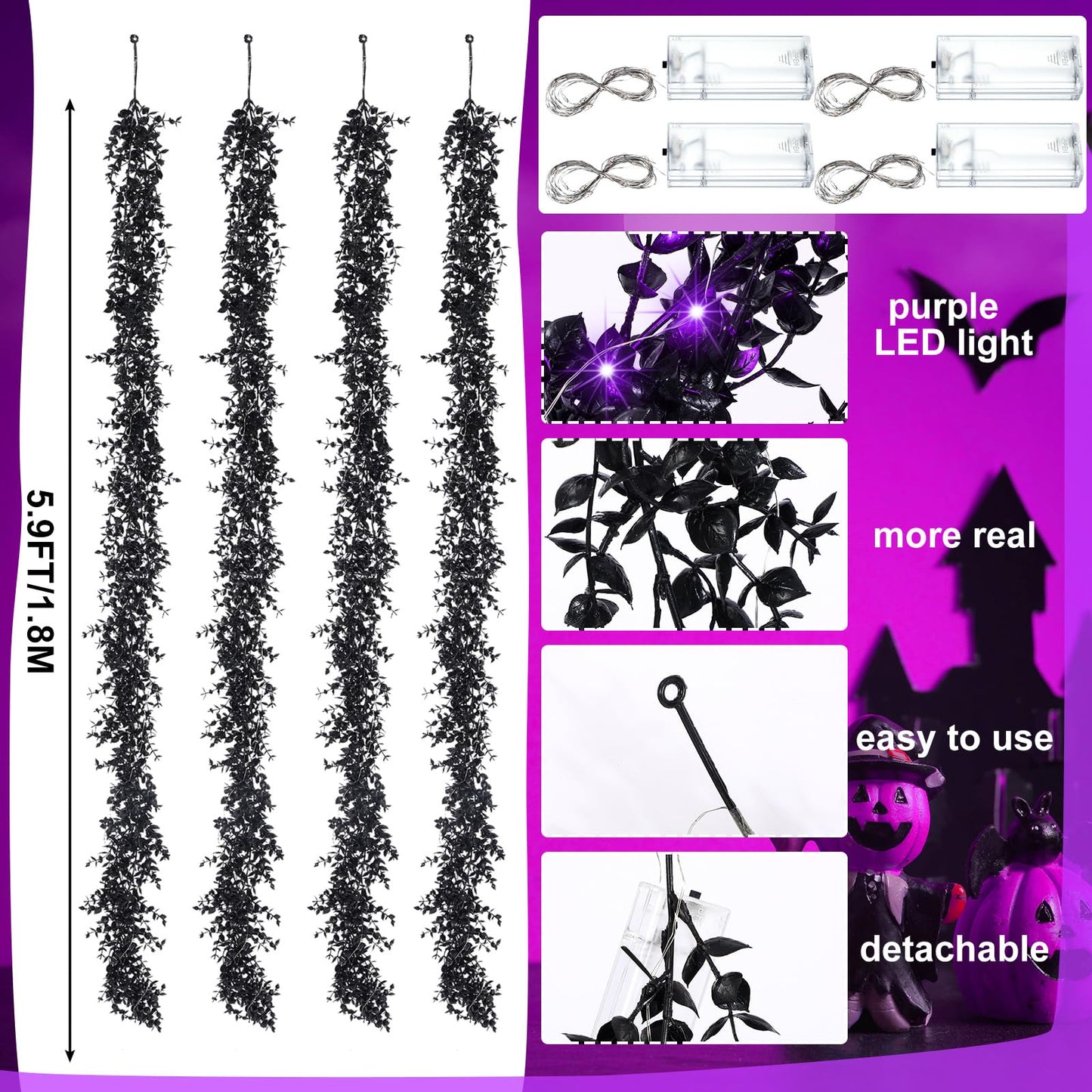 FineCheer 4 Pcs 5.9ft Halloween Black Leaves Garland with Light Artificial Eucalyptus Garland Light up Halloween Garland 20 LED Fake Hanging Eucalyptus Vines Garland Decor for Halloween Autumn Decor