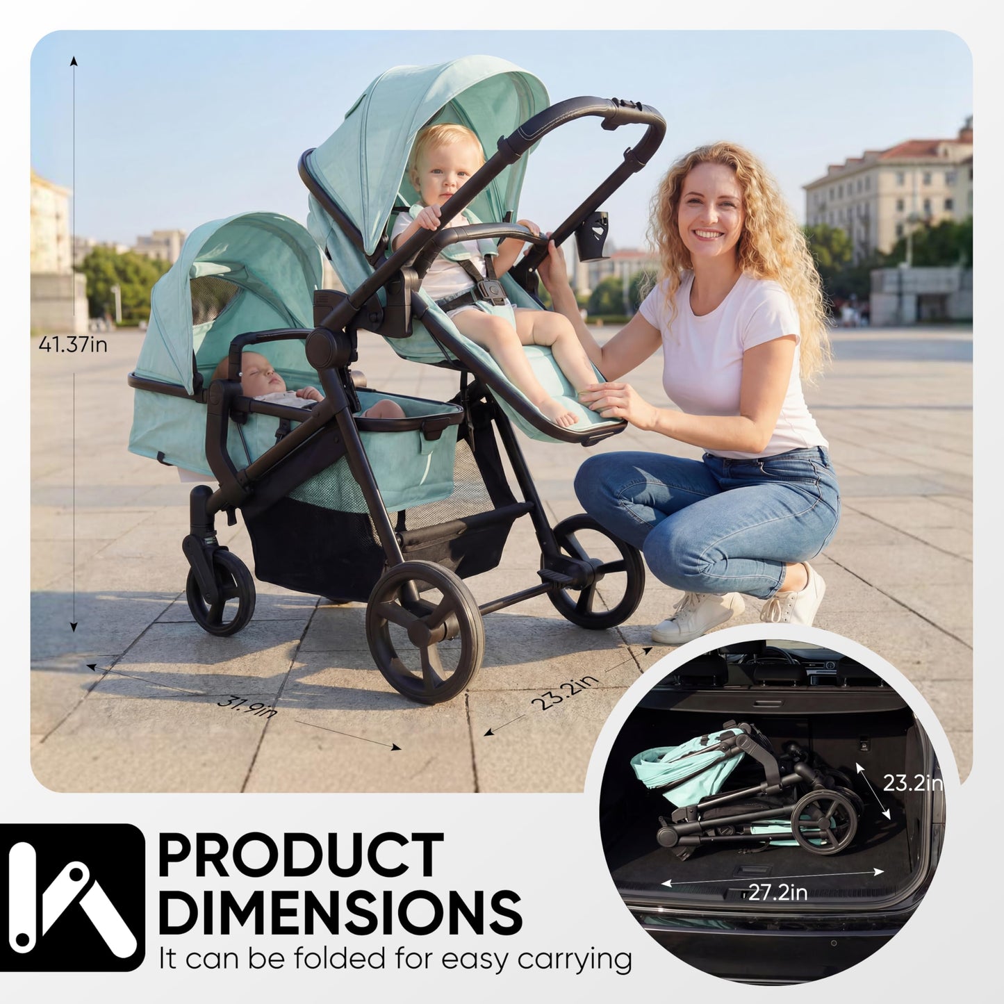 Double Stroller for Twins Infants and Toddlers, Foldable Tandem, Convertible Twin to Single Stroller, Compact Light Weight, Ages 0-3 Years (B0G4LS2W5D)