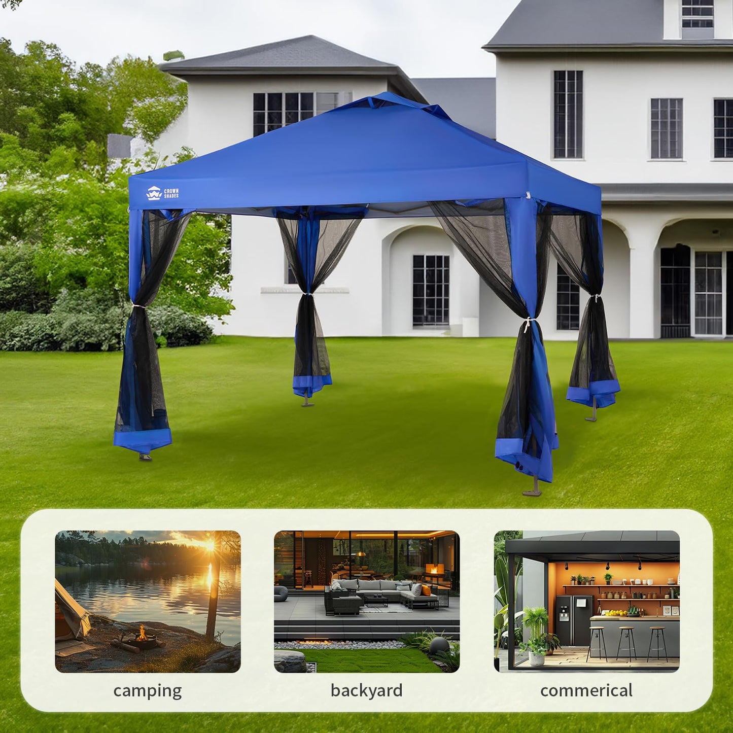 CROWN SHADES Gazebo 10x10 Pop Up Canopy with Mosquito Netting, Screen Tent with 4 Ropes, 8 Stakes, 4 Sandbags and Wheeled Storage Bag, Canopy for Patio & Backyard, Blue
