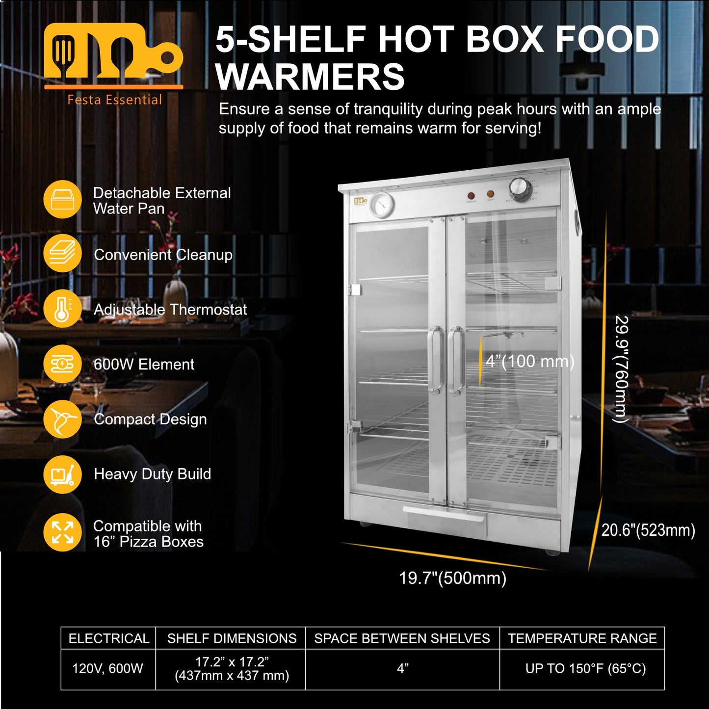5-Shelf Electric Hot Box Food Warmer Accommodating up to (10) 16" Pizza Boxes, Countertop Heated Holding Cabinet for Pretzels, Warming Machine for Home Commercial Use, w/Water Drawer, 120V 600W