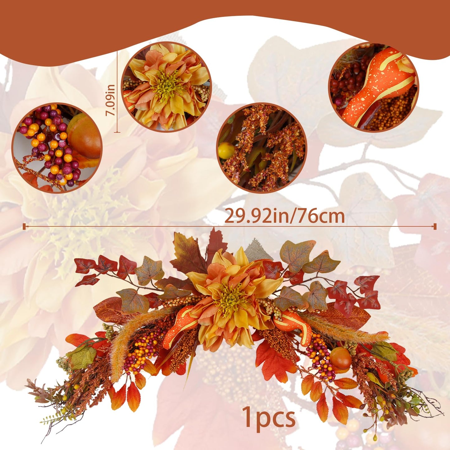 ACRYCS Fall Swag Wreaths for Front Door Artificial Dahlia Flowers Orange Floral Swag Autumn Pumpkins Berries Maple Leaf Fall Swags and Garlands for Wedding Arch Mantle Windows Wall Decor Thanksgiving