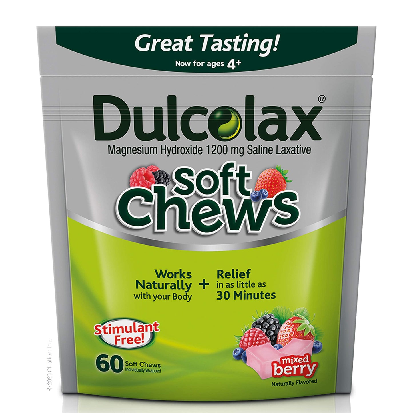 Dulcolax Soft Chews Saline Laxative Mixed Berry (60ct) Gentle Constipation Relief, Magnesium Hydroxide 1200mg & Chewy Fruit Bites, Saline Laxative, Assorted Fruit (30ct) Cramp-Free Constipation Relief