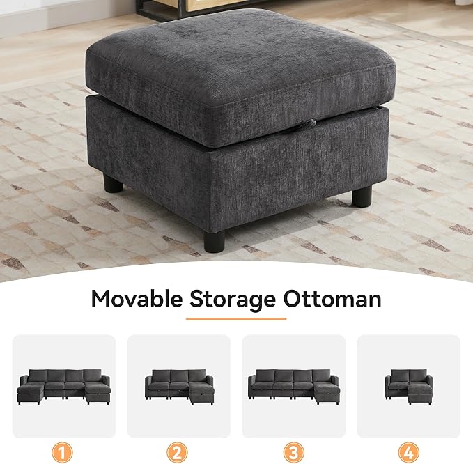 WUTUTUEE 107”Modular Sectional Sofa Convertible U Shaped Sofa Couch Set with Storage for Living Room, Modern 6 Seater Modular Sectional Couch with Movable Ottoman, Chenille(Dark Grey)