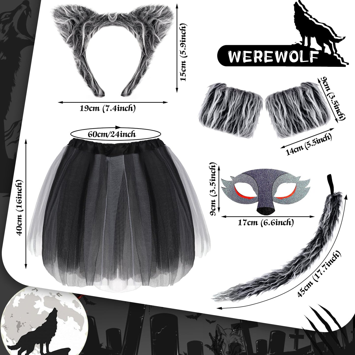 NinkyNonk 6 Pcs Wolf Costume Kits Wolf Ears Headband Tail Mask Bowtie Gloves Tutu for Halloween Dress Up Supplies
