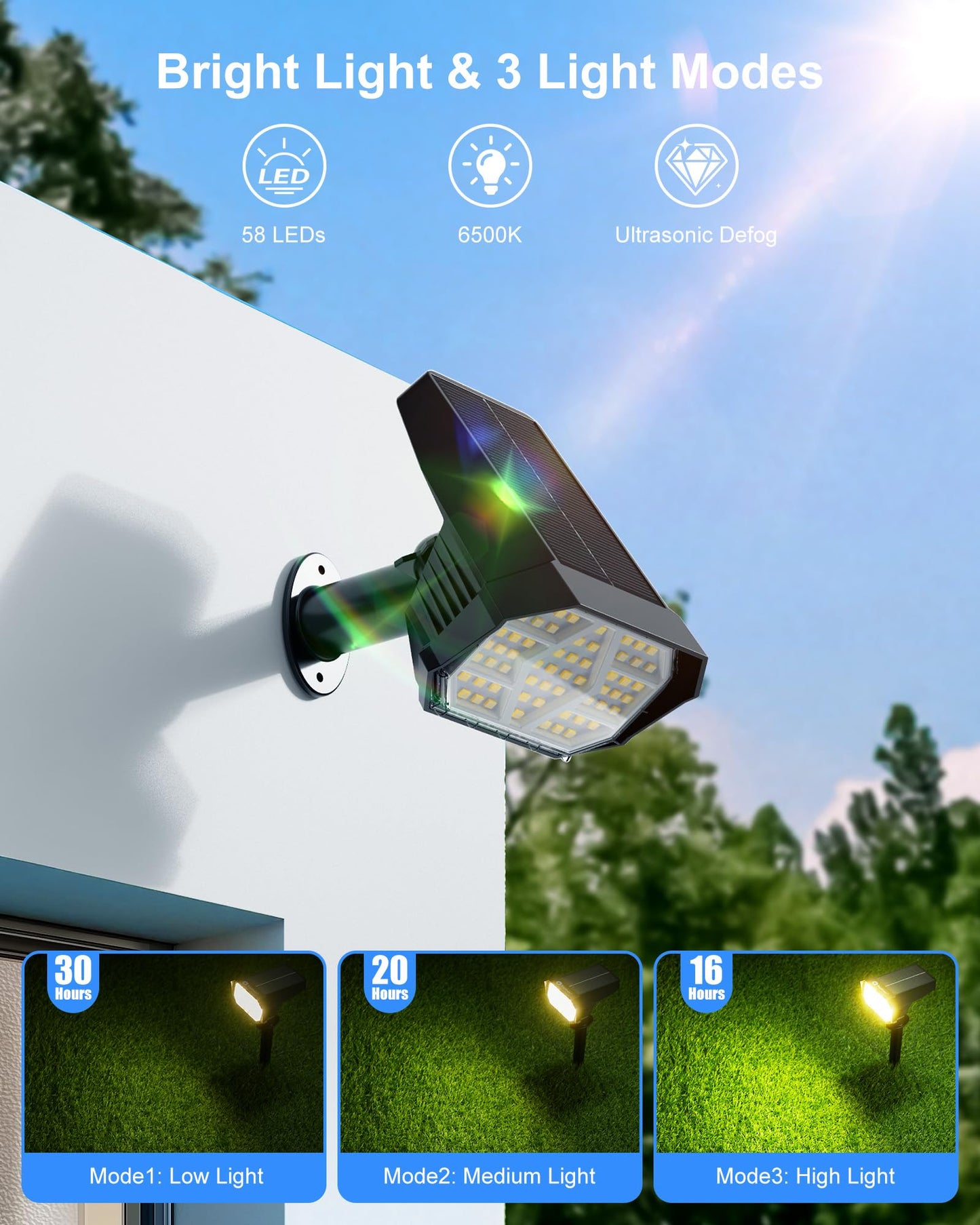 Brightown Solar Lights Outdoor with 58 LED & Auto ON/Off, IP67 Solar Spot Lights Outdoor with 3 Light Intensities. 2-in-1 Outdoor Solar Lights for Yard, Gardens, Flag and Pathways. 4Pcs (Warm White)