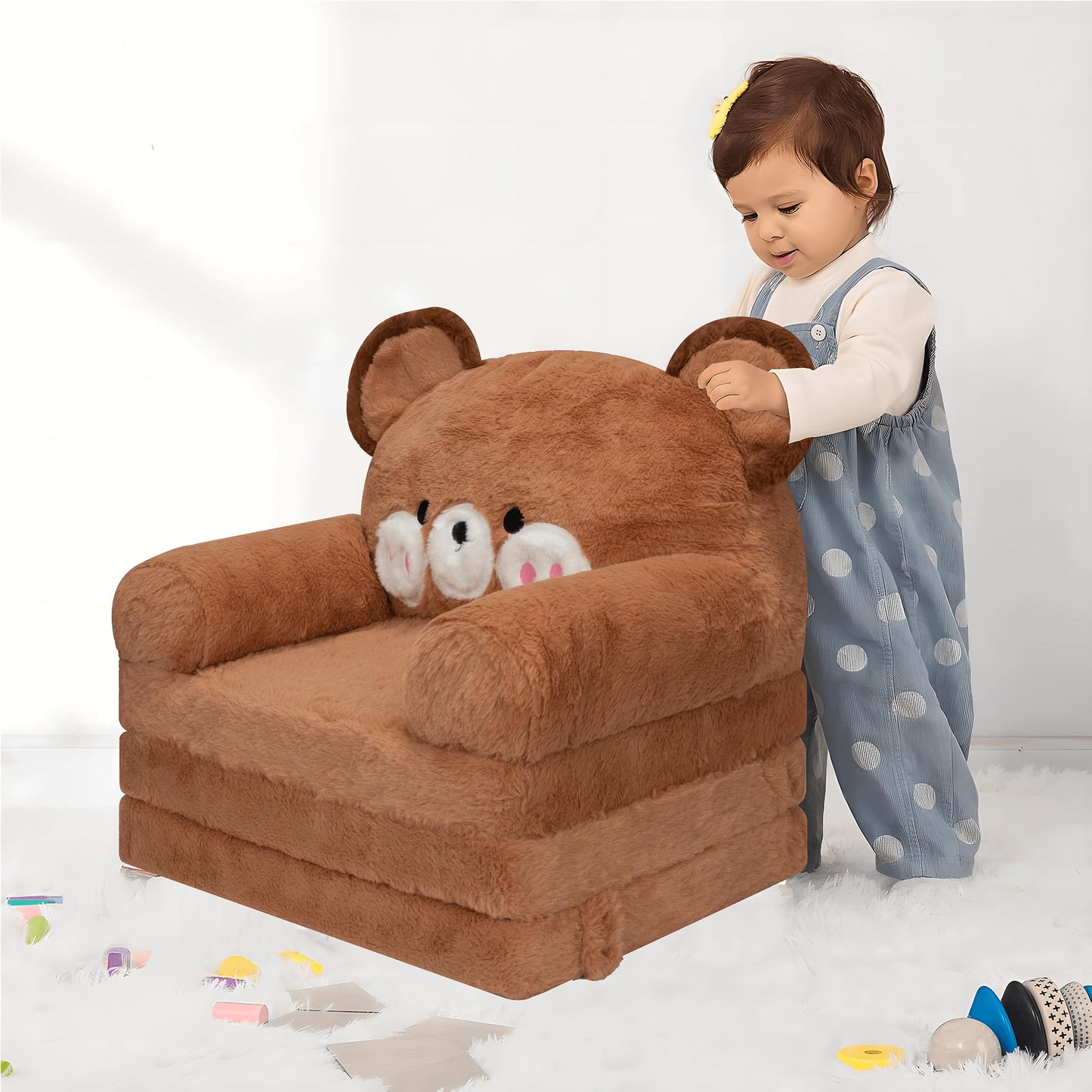 MONKISS Kids Couch, Comfy Toddler Chair, 2 in 1 Fold Out Kids Sofa to Lounger, Baby Sleeper Chair, Toddler Furniture, Birthday Gifts for Boys and Girls, 1~4 Years Old, Bear