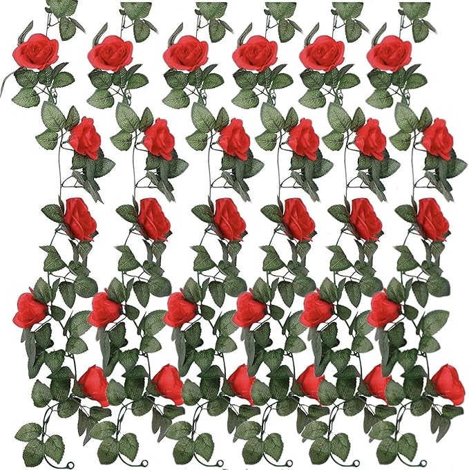 50FT Artificial Flowers Garlands Red 6PCS Silk Rose Hanging Vine with Green Leaves for Wedding Arch Party Christmas Home Decoration Flowers Arrangement