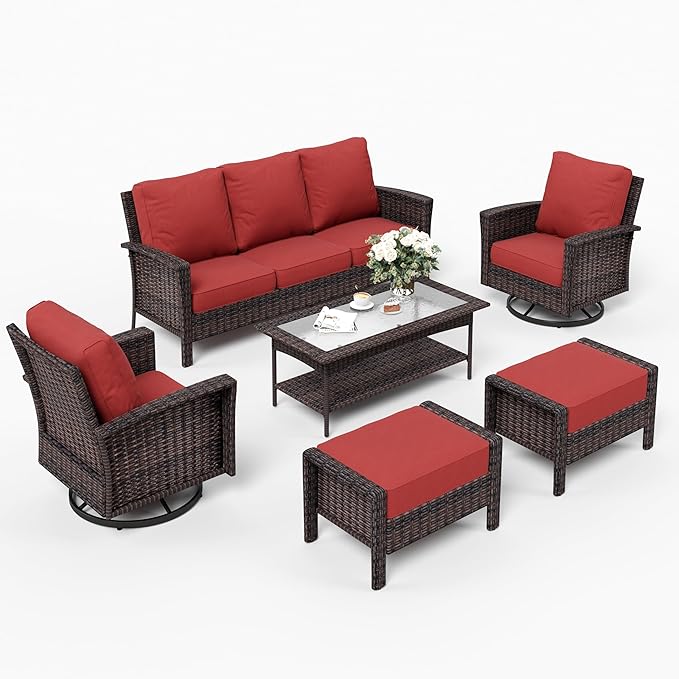 SUNSHINE VALLEY 6 Piece Patio Furniture Set with Swivel Chairs, High Back Wicker Rattan Sofa with Extra Thick Cushion, Coffee Table and Ottoman, Outdoor Conversation Set for Backyard Deck,Red