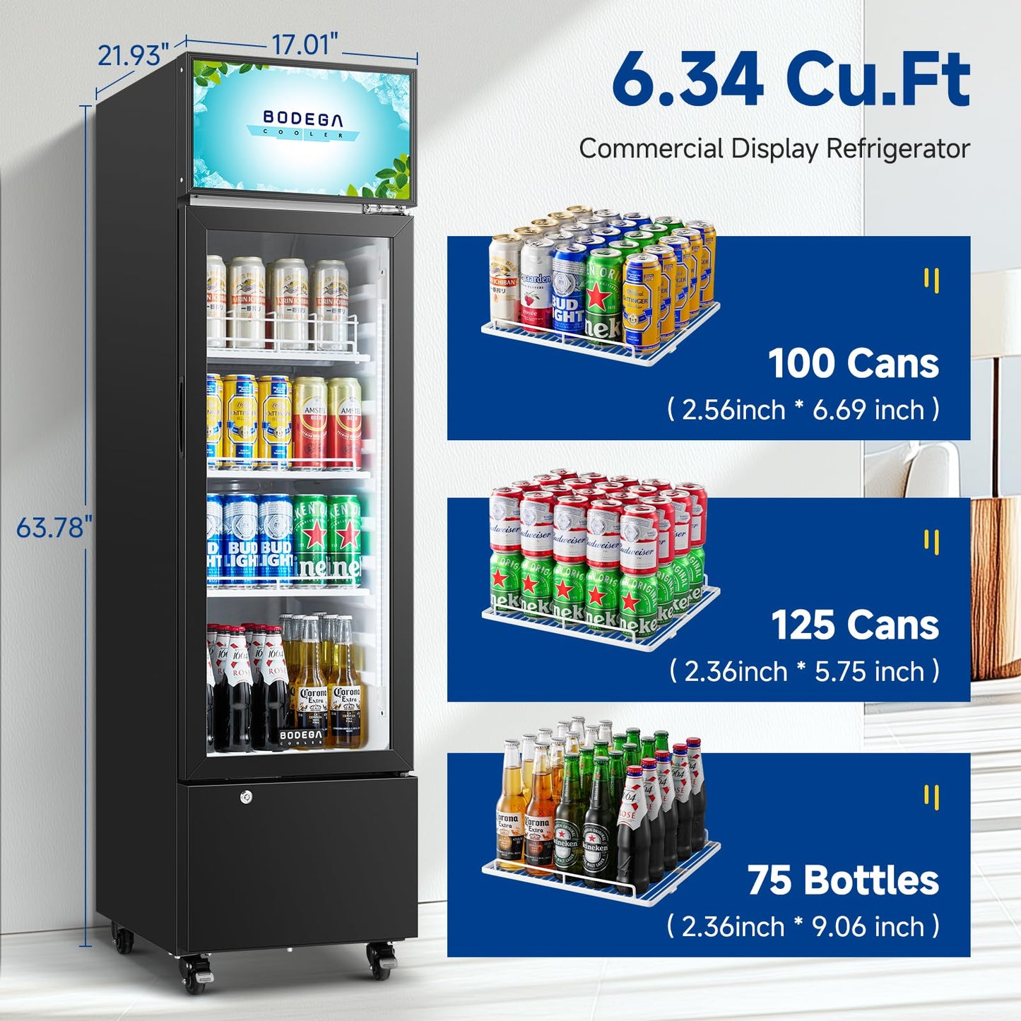 BODEGACOOLER Commercial Refrigerators, Drink Fridge with Glass Door, Tall Beverage Cooler, Single Door Display Refrigerator, for Beer, Soda, 6.34 Cu.ft Capacity
