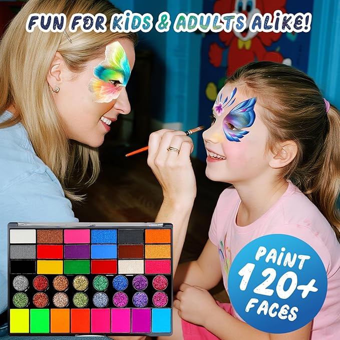 Halloween Party Face Painting Kit for Kids - 42 Colors Professional Face Paint Kit,Non-Toxic face Paint With Stencils, Brush, Gems. For Carnival, Halloween, Costume Makeup and Any Creative Activity