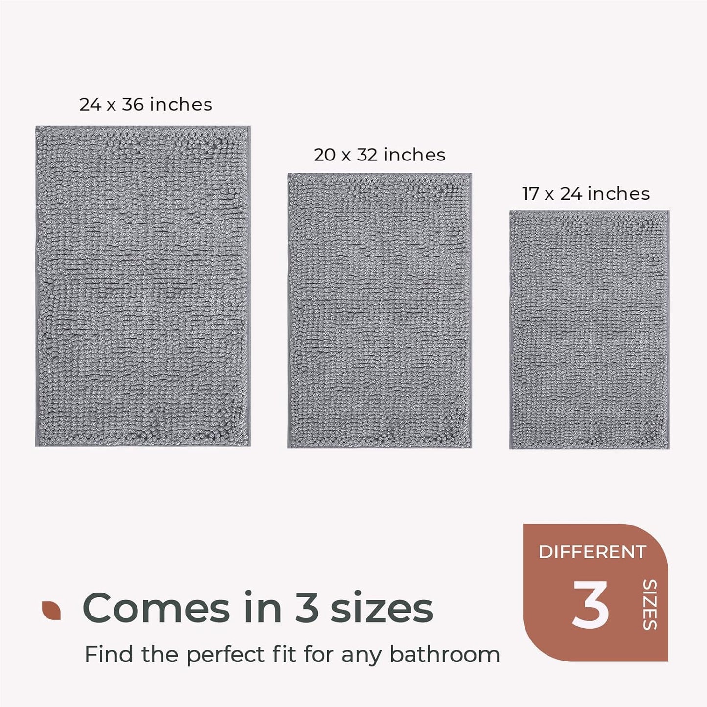 FRESHMINT Chenille Bathroom Rugs Mat 24"x17", Non-Slip Bath Mat for Bathroom Floor & Bathtub, Washable Shower Shag Bath Rugs, Soft Fluffy Thick Water Absorbent Microfiber Shower Mat, Gray Heather